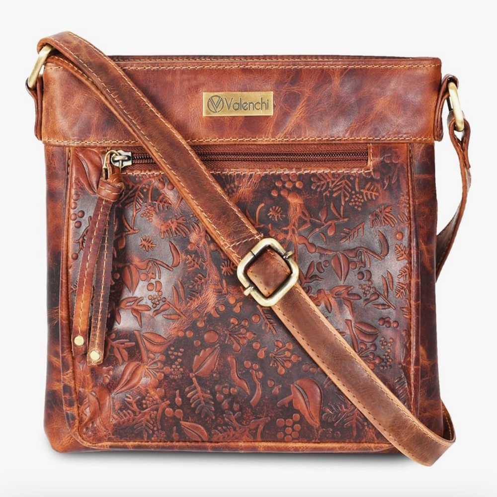 Valenchi Leather Crossbody with Embossed Floral Panel - Picture 6 of 9